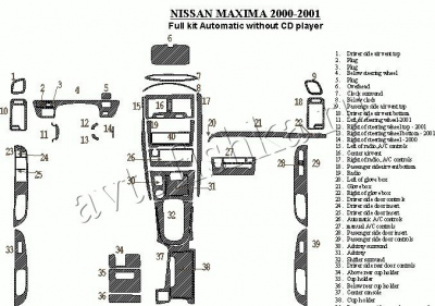 Декоративные накладки салона Nissan Maxima 2000-2001 полный набор, АКПП, Радио без CD Player, 40 элементов.